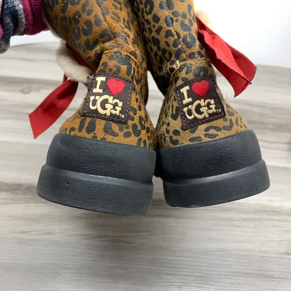 UGG‎ I Love Ugg Leopard Print Boots Size 6 Womens Pull On Red Ribbon